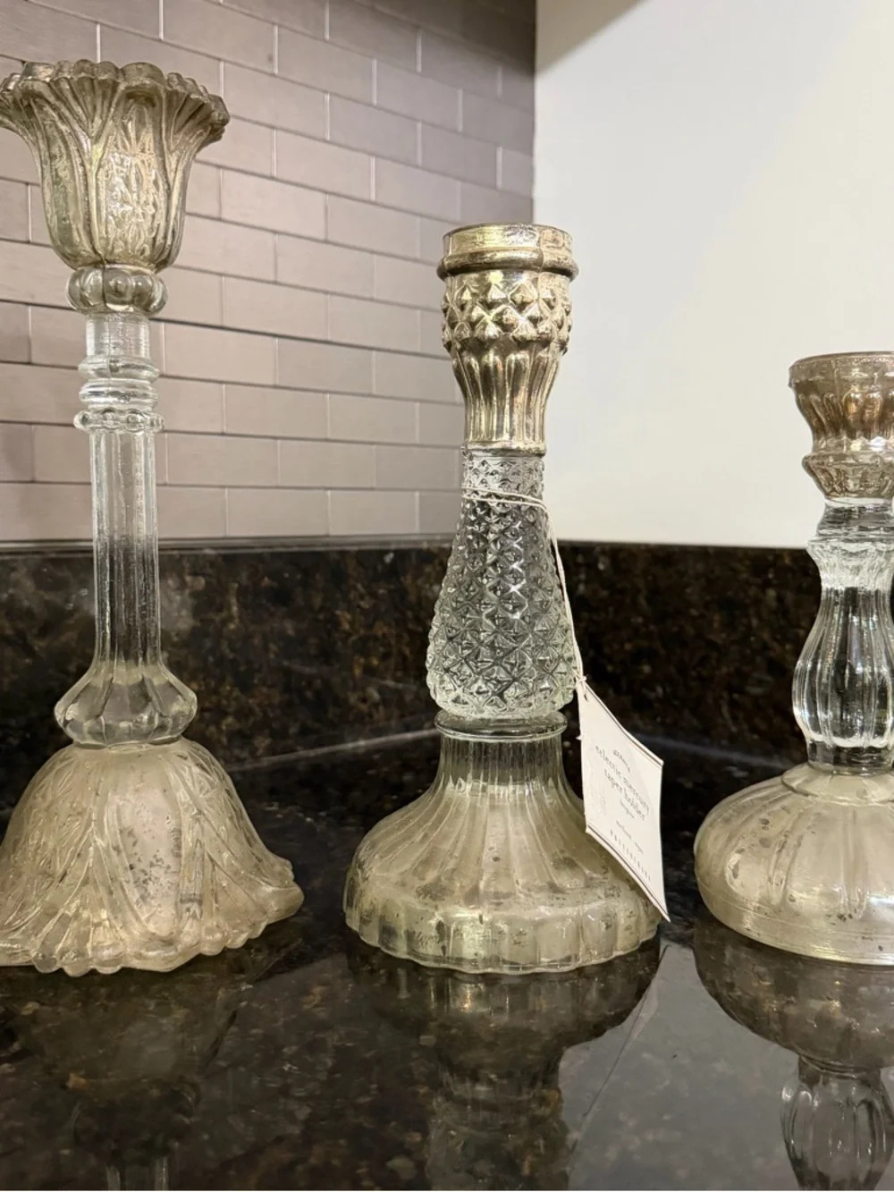 Pottery Barn Eclectic Mercury Glass Taper Candle Holders - New, Set of 3